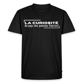 "LA CURIOSITÉ - Au Pays des Pensées Fleuries" - T-shirt Premium bio Homme - noir - Devant - Nico (187cm)