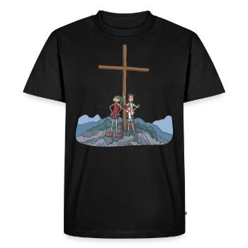 Hikers at the summit cross in the mountains - Men's Premium Organic T-Shirt - black - Front - Nico (187cm)