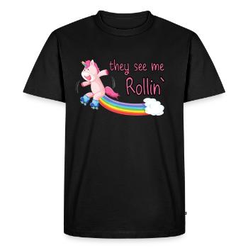 Unicorn With Roller Skates They See Me Rollin - Men's Premium Organic T-Shirt - black - Front - Nico (187cm)