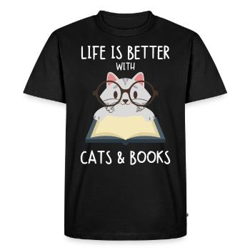 Life is better with Cats & Books Cat Book Books - Men's Premium Organic T-Shirt - black - Front - Nico (187cm)