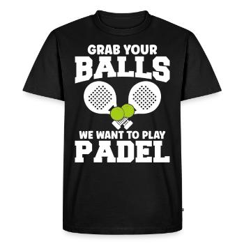 Padel Tennis Attrapez vos balles Nous voulons jouer au padel - T-shirt Premium bio Homme - noir - Devant - Nico (187cm)