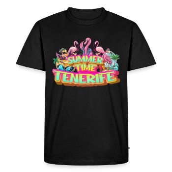 Tenerife Été Flamant Rose Palms Plage Mer - T-shirt Premium bio Homme - noir - Devant - Nico (187cm)