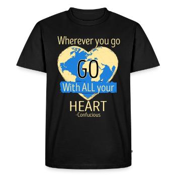 Voyage carte du monde coeur Confucius citation voyage mondial - T-shirt Premium bio Homme - noir - Devant - Nico (187cm)