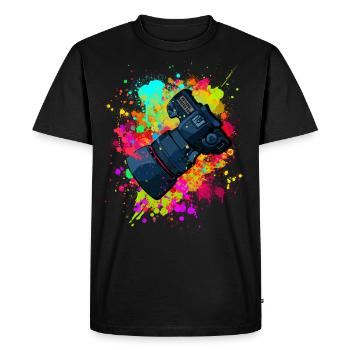super appareil photo avec objectif dans des éclaboussures de cadeau de couleur - T-shirt Premium bio Homme - noir - Devant - Nico (187cm)