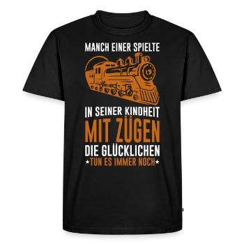 Modelleisenbahner mit Dampflok - Männer Premium Bio T-Shirt - Schwarz - Vorne - Nico (187cm)