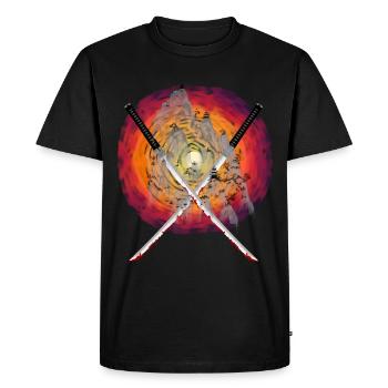 Soleil Japon Montagnes épées Katana Combat à l’épée - T-shirt Premium bio Homme - noir - Devant - Nico (187cm)