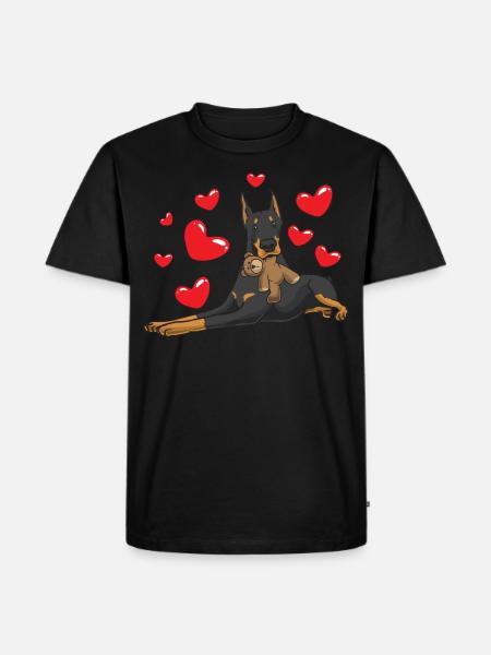 Dobermann mit Kuscheltier - Männer Premium Bio T-Shirt - Schwarz