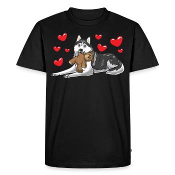 Siberian Husky chien avec animal en peluche - T-shirt Premium bio Homme - noir - Devant - Nico (187cm)