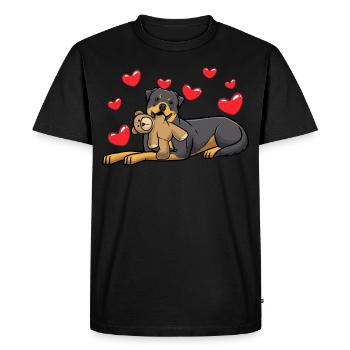 Chien Rottweiler avec jouet en peluche et de nombreux cœurs - T-shirt Premium bio Homme - noir - Devant - Nico (187cm)