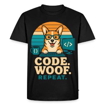 Code Woof Repeat Programmer Corgi - Men's Premium Organic T-Shirt - black - Front - Nico (187cm)