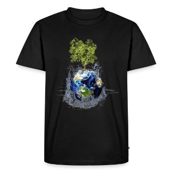 Globe avec arbre et éclaboussures d’eau - T-shirt Premium bio Homme - noir - Devant - Nico (187cm)