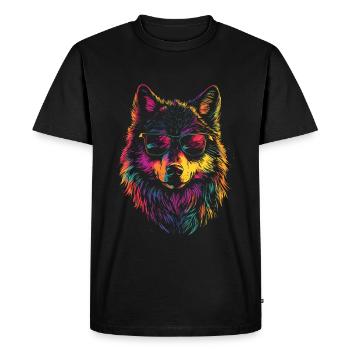 Loup cool aux couleurs de l’arc-en-ciel et lunettes de soleil - T-shirt Premium bio Homme - noir - Devant - Nico (187cm)