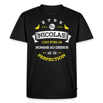NICOLAS PARFAIT - NOM NICOLAS - T-shirt Premium bio Homme - noir - Devant - Nico (187cm)