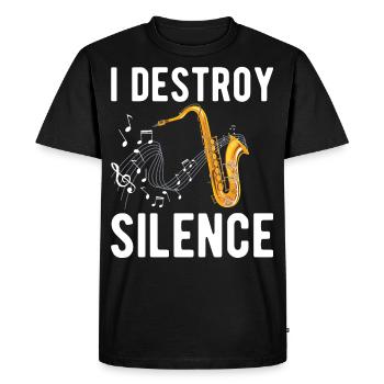 Drôle de saxophoniste Je détruis le silence - For Mus - T-shirt Premium bio Homme - noir - Devant - Nico (187cm)