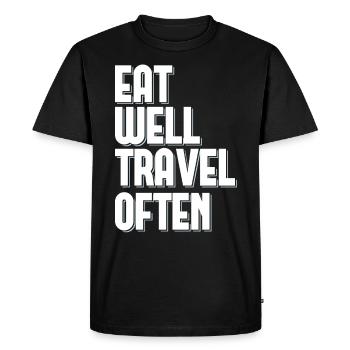 Bien manger Voyager souvent Touriste Voyageur du Monde - T-shirt Premium bio Homme - noir - Devant - Nico (187cm)