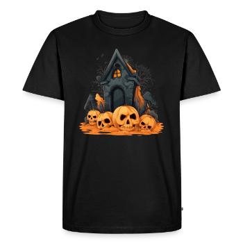 Design effrayant d’Halloween: citrouilles devant la crypte - T-shirt Premium bio Homme - noir - Devant - Nico (187cm)