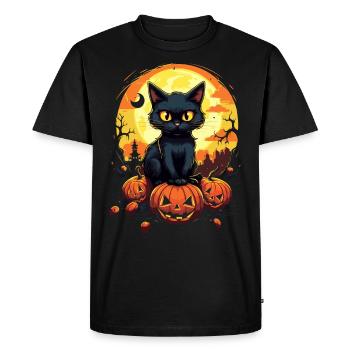 Magic Night: Cute Cat on Pumpkin Moonshine - Men's Premium Organic T-Shirt - black - Front - Nico (187cm)
