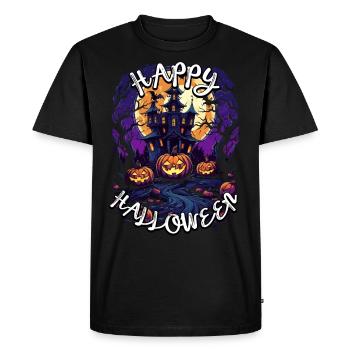 Joyeux Halloween avec château hanté, lune et citrouilles - T-shirt Premium bio Homme - noir - Devant - Nico (187cm)