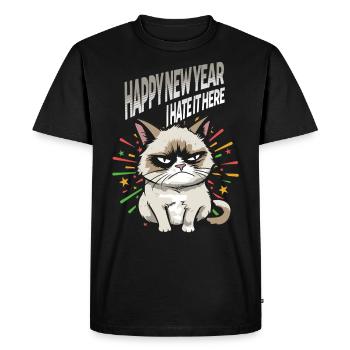 Je déteste ça ici - Pyjama Angry Cat Happy New Year - T-shirt Premium bio Homme - noir - Devant - Nico (187cm)