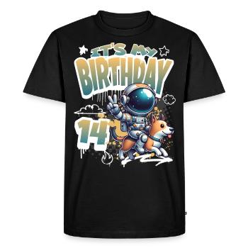 Astronaut 14th Birthday Space Dog Funny - Men's Premium Organic T-Shirt - black - Front - Nico (187cm)