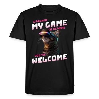 Je viens de mettre mon jeu en pause pour être ici - Gamer Cat VR - T-shirt Premium bio Homme - noir - Devant - Nico (187cm)