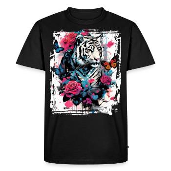 Tigre majestueux avec des papillons et des roses - T-shirt Premium bio Homme - noir - Devant - Nico (187cm)