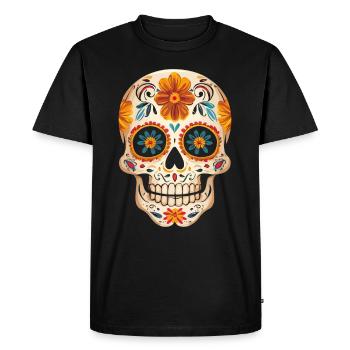 Jour de la mort Crâne en sucre avec des fleurs jaunes - T-shirt Premium bio Homme - noir - Devant - Nico (187cm)