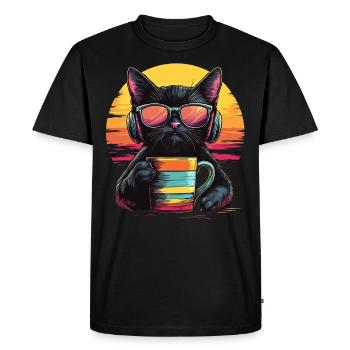 Style des années 80 : Chat froid avec du café - T-shirt Premium bio Homme - noir - Devant - Nico (187cm)