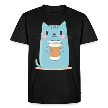 Cute Blue Cat with Coffee - Cartoon Style - Men's Premium Organic T-Shirt - black - Front - Nico (187cm)