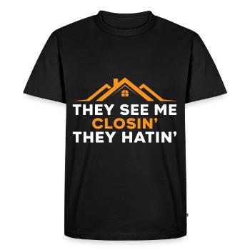 Vous voyez comment je ferme et déteste l’immobilierm - T-shirt Premium bio Homme - noir - Devant - Nico (187cm)