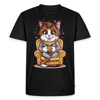 Drôle de chat en pyjama et chats tasse de café - T-shirt Premium bio Homme - noir - Devant - Nico (187cm)
