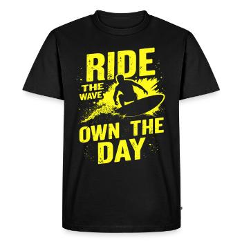 Surfer sur la vague – Own the Day Dicton - T-shirt Premium bio Homme - noir - Devant - Nico (187cm)