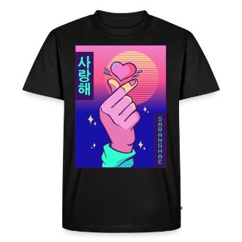 Finger Heart Vaporwave Aesthetic Saranghae Gesche - Men's Premium Organic T-Shirt - black - Front - Nico (187cm)