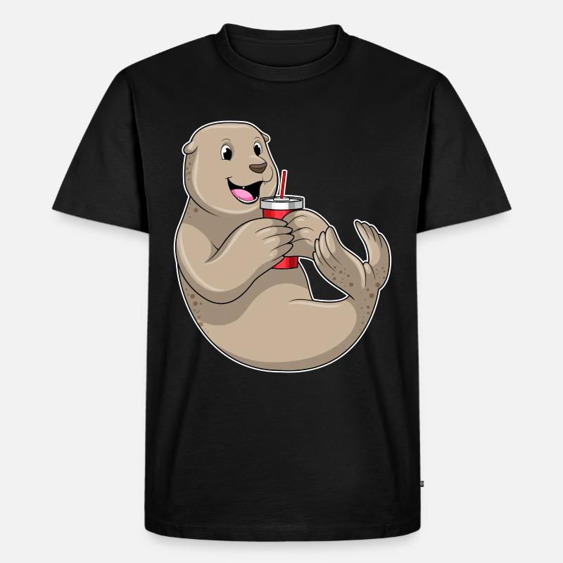 Seehund mit Becher mit Strohhalm - Männer Premium Bio T-Shirt - Schwarz