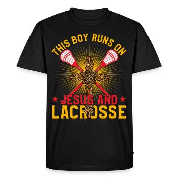 Ce garçon court sur Jésus et la crosse - T-shirt Premium bio Homme - noir - Devant - Nico (187cm)