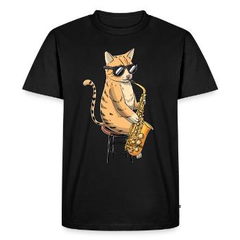Cat joue saxophone saxophoniste jazz - T-shirt Premium bio Homme - noir - Devant - Nico (187cm)