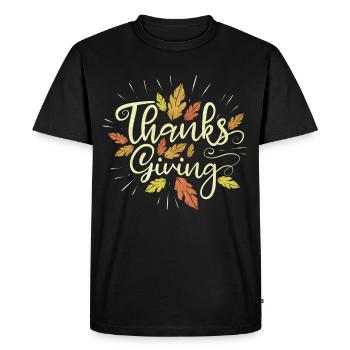 Logo manuscrit Feuilles brunes Thanksgiving - T-shirt Premium bio Homme - noir - Devant - Nico (187cm)