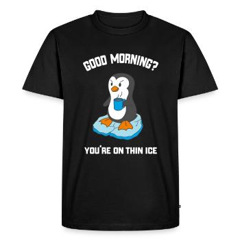 Funny Good Morning Penguin with Coffee - Men's Premium Organic T-Shirt - black - Front - Nico (187cm)