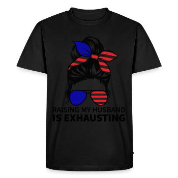 Raising My Husband is Exhausting - Messy Bun - Men's Premium Organic T-Shirt - black - Front - Nico (187cm)