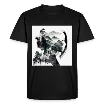 Double exposition Femme asiatique et paysage forestier - T-shirt Premium bio Homme - noir - Devant - Nico (187cm)