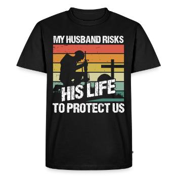 Soldat Mon mari risque sa vie Armée militaire - T-shirt Premium bio Homme - noir - Devant - Nico (187cm)
