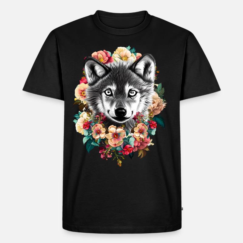 Wolf Blumen - Männer Premium Bio T-Shirt - Schwarz