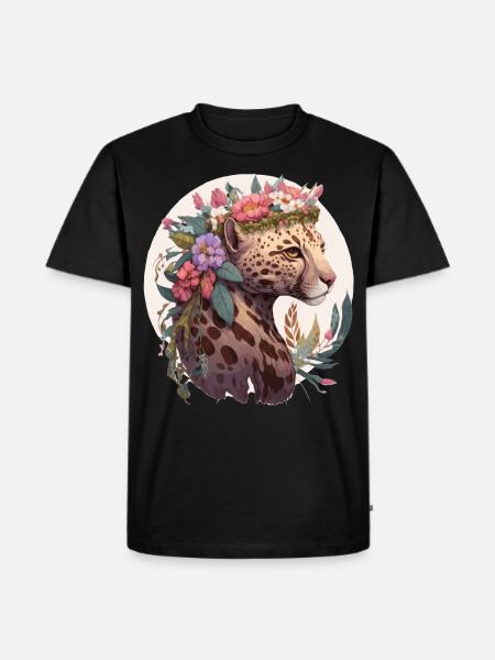 Söt Ocelot Flower Crown Blommig Akvarell Djur - Ekologisk premium-T-shirt herr - svart
