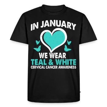 In January we wear Teal & White - Men's Premium Organic T-Shirt - black - Front - Nico (187cm)