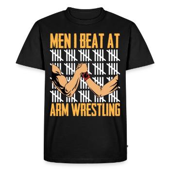 Drôles d’hommes que j’ai vaincus au bras de fer - T-shirt Premium bio Homme - noir - Devant - Nico (187cm)