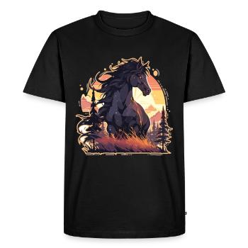 Chevaux, Cheval Noir, Cheval, Coucher De Soleil - T-shirt Premium bio Homme - noir - Devant - Nico (187cm)