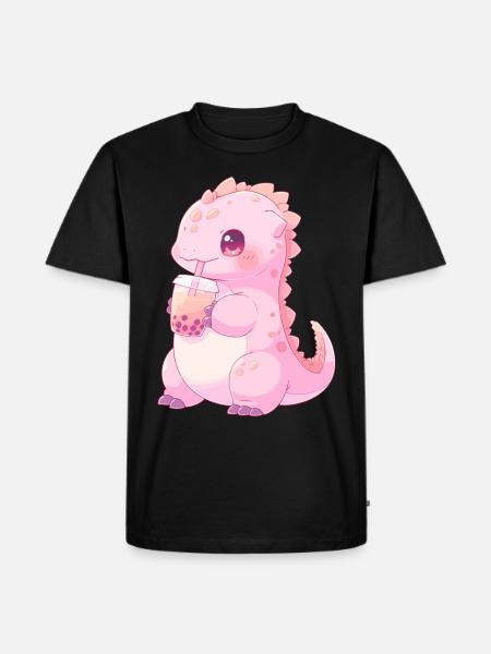 Kawaii Dinosaurus Drinkt Boba Bubble Tea Chibi - Mannen Premium Bio T-shirt - zwart