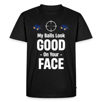 Mes couilles ont l’air bien sur ton visage - T-shirt Premium bio Homme - noir - Devant - Nico (187cm)