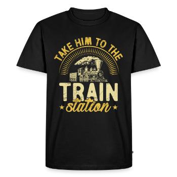 Take him to Train Lover Railway Station - Men's Premium Organic T-Shirt - black - Front - Nico (187cm)