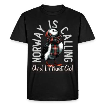 Norway, Puffins, Norway Is Calling - Men's Premium Organic T-Shirt - black - Front - Nico (187cm)